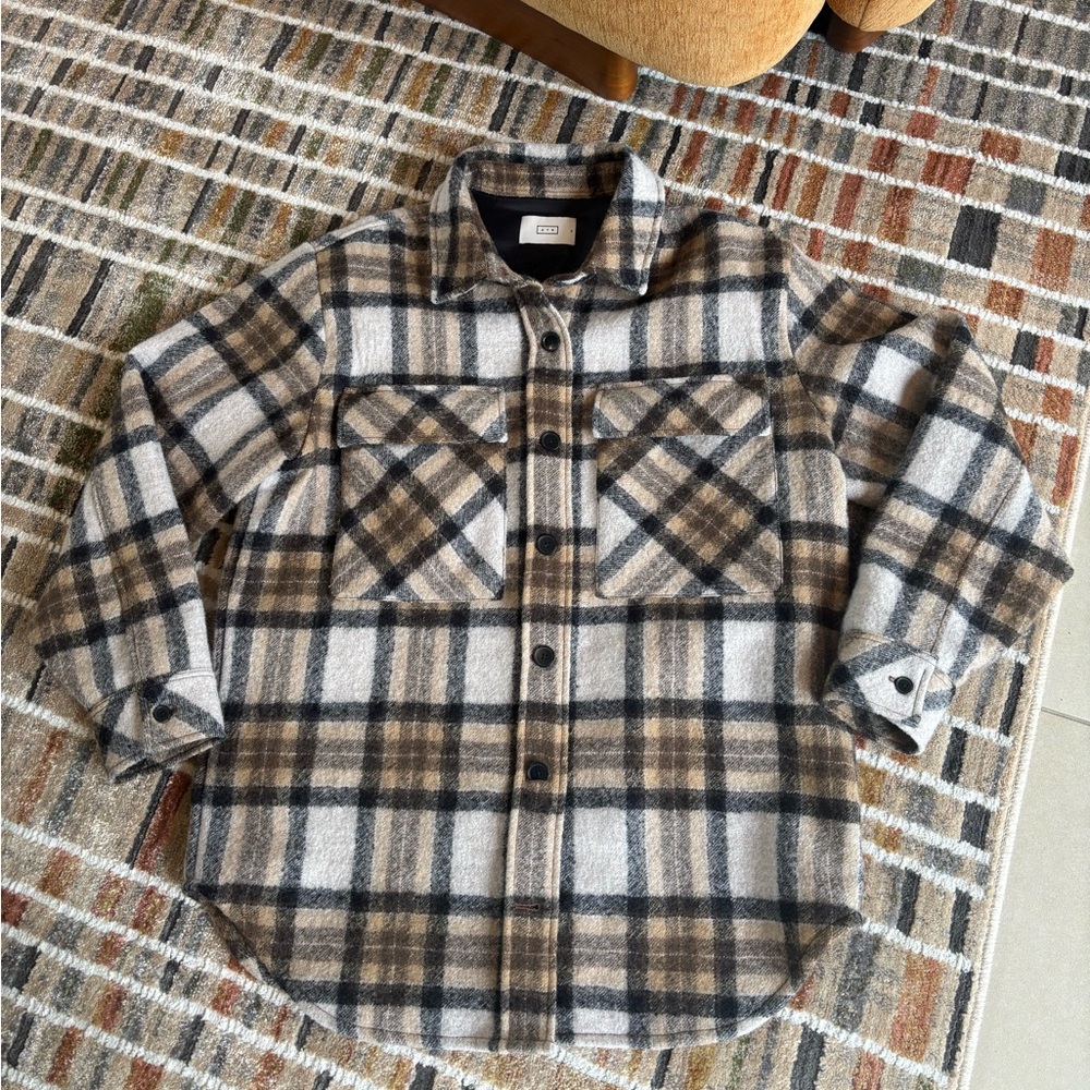 AYR The Big Mood Boiled Wool Plaid Jacket In Black/Camel/Grey/Off White Size XL